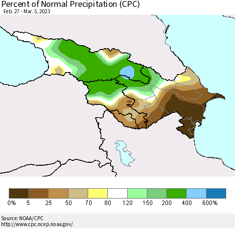 Azerbaijan, Armenia and Georgia Percent of Normal Precipitation (CPC) Thematic Map For 2/27/2023 - 3/5/2023