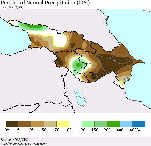 Azerbaijan, Armenia and Georgia Percent of Normal Precipitation (CPC) Thematic Map For 3/6/2023 - 3/12/2023