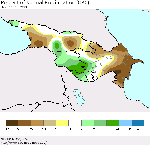 Azerbaijan, Armenia and Georgia Percent of Normal Precipitation (CPC) Thematic Map For 3/13/2023 - 3/19/2023