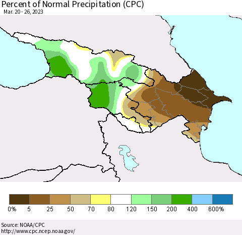 Azerbaijan, Armenia and Georgia Percent of Normal Precipitation (CPC) Thematic Map For 3/20/2023 - 3/26/2023