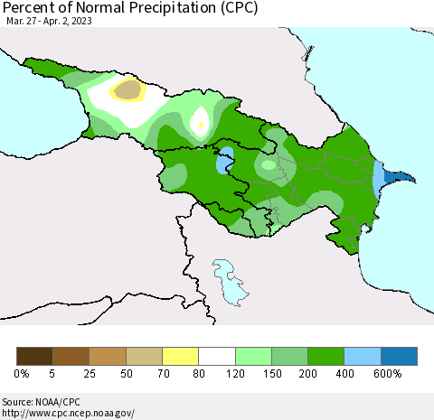Azerbaijan, Armenia and Georgia Percent of Normal Precipitation (CPC) Thematic Map For 3/27/2023 - 4/2/2023