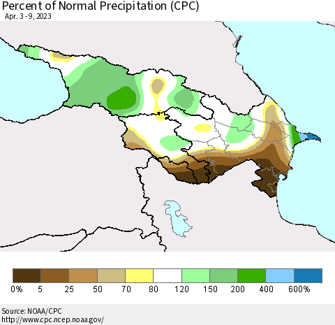 Azerbaijan, Armenia and Georgia Percent of Normal Precipitation (CPC) Thematic Map For 4/3/2023 - 4/9/2023