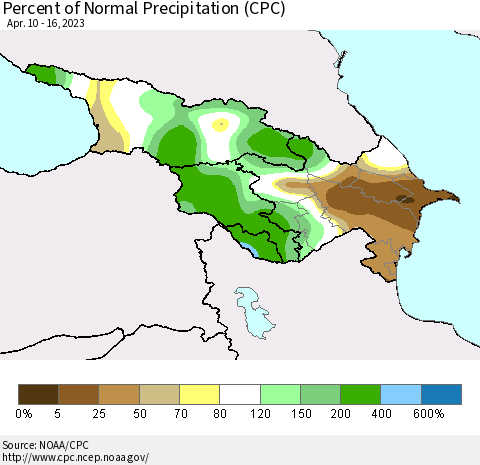 Azerbaijan, Armenia and Georgia Percent of Normal Precipitation (CPC) Thematic Map For 4/10/2023 - 4/16/2023