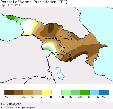 Azerbaijan, Armenia and Georgia Percent of Normal Precipitation (CPC) Thematic Map For 4/17/2023 - 4/23/2023