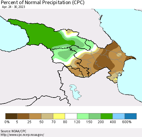 Azerbaijan, Armenia and Georgia Percent of Normal Precipitation (CPC) Thematic Map For 4/24/2023 - 4/30/2023