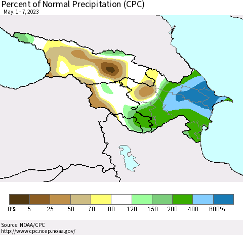 Azerbaijan, Armenia and Georgia Percent of Normal Precipitation (CPC) Thematic Map For 5/1/2023 - 5/7/2023