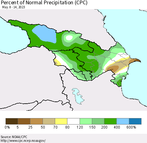 Azerbaijan, Armenia and Georgia Percent of Normal Precipitation (CPC) Thematic Map For 5/8/2023 - 5/14/2023