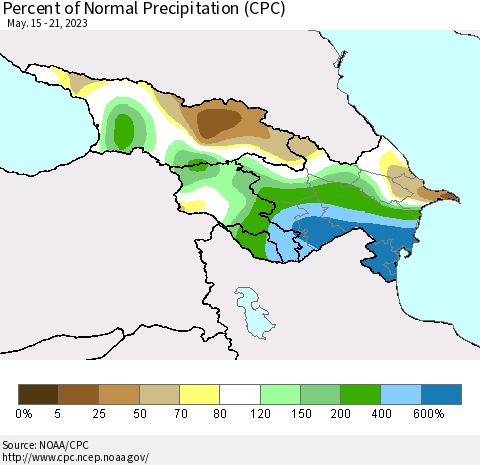 Azerbaijan, Armenia and Georgia Percent of Normal Precipitation (CPC) Thematic Map For 5/15/2023 - 5/21/2023