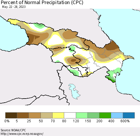 Azerbaijan, Armenia and Georgia Percent of Normal Precipitation (CPC) Thematic Map For 5/22/2023 - 5/28/2023