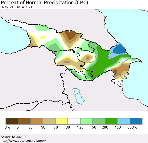 Azerbaijan, Armenia and Georgia Percent of Normal Precipitation (CPC) Thematic Map For 5/29/2023 - 6/4/2023