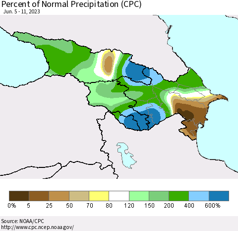 Azerbaijan, Armenia and Georgia Percent of Normal Precipitation (CPC) Thematic Map For 6/5/2023 - 6/11/2023