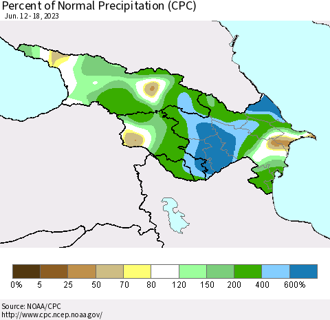 Azerbaijan, Armenia and Georgia Percent of Normal Precipitation (CPC) Thematic Map For 6/12/2023 - 6/18/2023