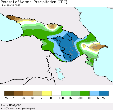 Azerbaijan, Armenia and Georgia Percent of Normal Precipitation (CPC) Thematic Map For 6/19/2023 - 6/25/2023