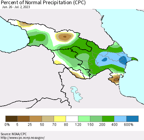 Azerbaijan, Armenia and Georgia Percent of Normal Precipitation (CPC) Thematic Map For 6/26/2023 - 7/2/2023