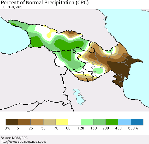 Azerbaijan, Armenia and Georgia Percent of Normal Precipitation (CPC) Thematic Map For 7/3/2023 - 7/9/2023