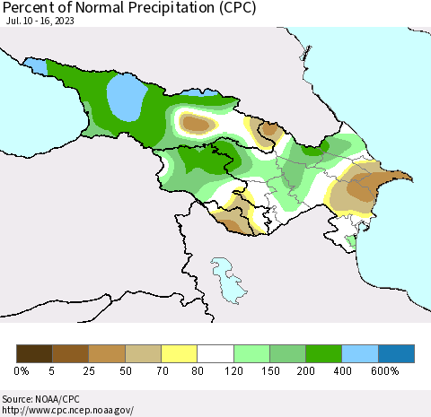 Azerbaijan, Armenia and Georgia Percent of Normal Precipitation (CPC) Thematic Map For 7/10/2023 - 7/16/2023