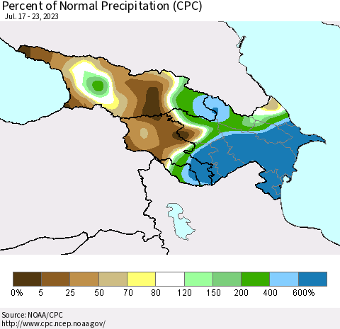Azerbaijan, Armenia and Georgia Percent of Normal Precipitation (CPC) Thematic Map For 7/17/2023 - 7/23/2023