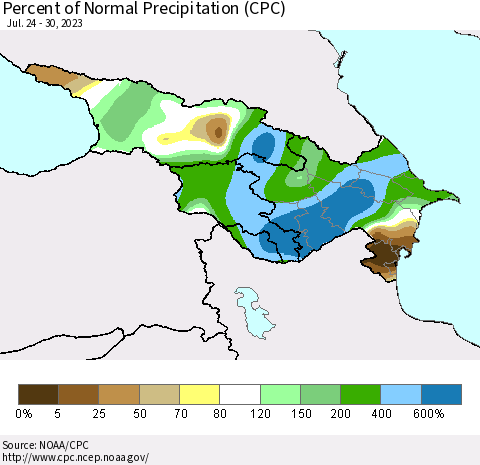 Azerbaijan, Armenia and Georgia Percent of Normal Precipitation (CPC) Thematic Map For 7/24/2023 - 7/30/2023