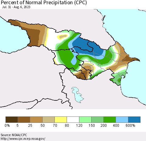 Azerbaijan, Armenia and Georgia Percent of Normal Precipitation (CPC) Thematic Map For 7/31/2023 - 8/6/2023