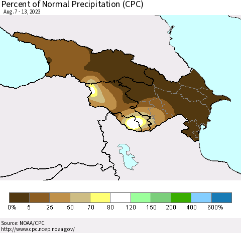 Azerbaijan, Armenia and Georgia Percent of Normal Precipitation (CPC) Thematic Map For 8/7/2023 - 8/13/2023
