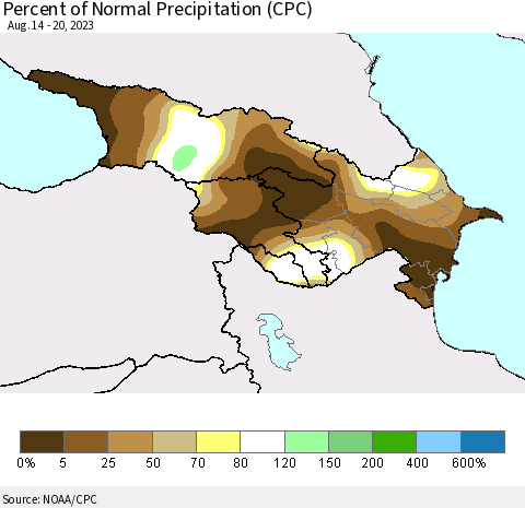 Azerbaijan, Armenia and Georgia Percent of Normal Precipitation (CPC) Thematic Map For 8/14/2023 - 8/20/2023