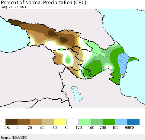 Azerbaijan, Armenia and Georgia Percent of Normal Precipitation (CPC) Thematic Map For 8/21/2023 - 8/27/2023