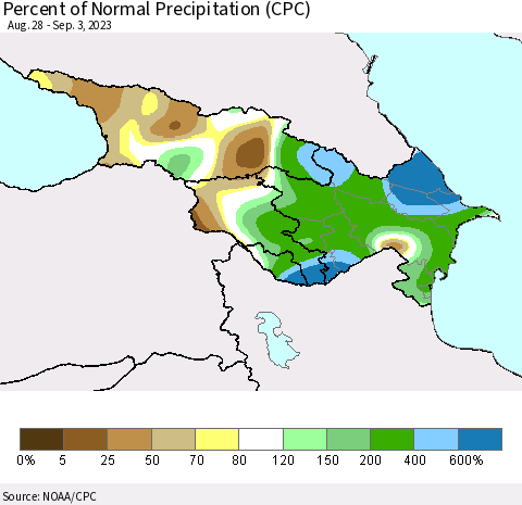 Azerbaijan, Armenia and Georgia Percent of Normal Precipitation (CPC) Thematic Map For 8/28/2023 - 9/3/2023