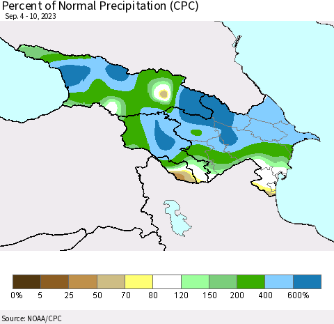 Azerbaijan, Armenia and Georgia Percent of Normal Precipitation (CPC) Thematic Map For 9/4/2023 - 9/10/2023