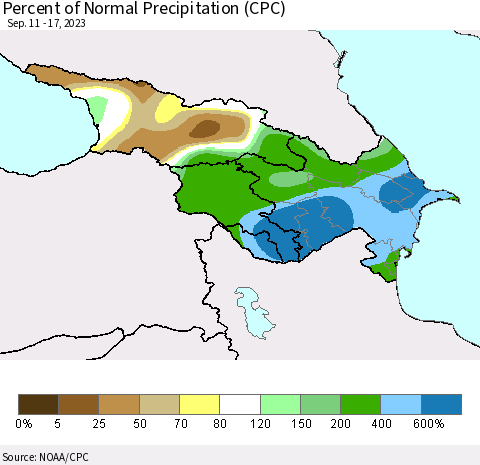 Azerbaijan, Armenia and Georgia Percent of Normal Precipitation (CPC) Thematic Map For 9/11/2023 - 9/17/2023