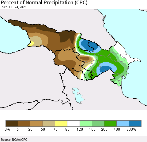 Azerbaijan, Armenia and Georgia Percent of Normal Precipitation (CPC) Thematic Map For 9/18/2023 - 9/24/2023