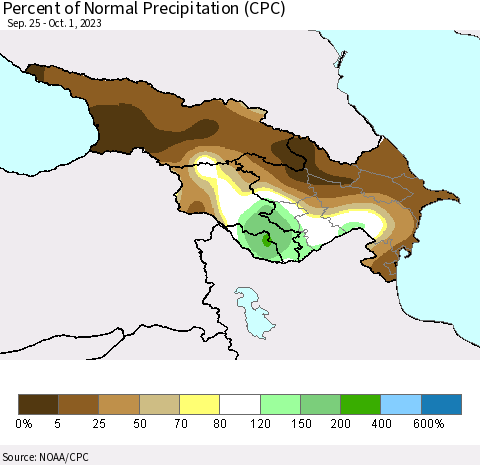 Azerbaijan, Armenia and Georgia Percent of Normal Precipitation (CPC) Thematic Map For 9/25/2023 - 10/1/2023