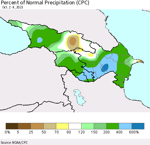 Azerbaijan, Armenia and Georgia Percent of Normal Precipitation (CPC) Thematic Map For 10/2/2023 - 10/8/2023