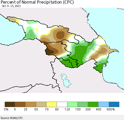 Azerbaijan, Armenia and Georgia Percent of Normal Precipitation (CPC) Thematic Map For 10/9/2023 - 10/15/2023