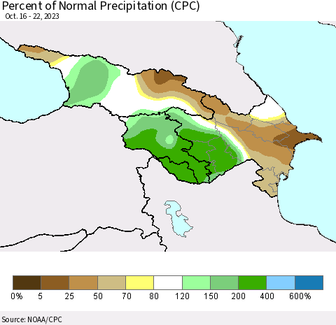 Azerbaijan, Armenia and Georgia Percent of Normal Precipitation (CPC) Thematic Map For 10/16/2023 - 10/22/2023