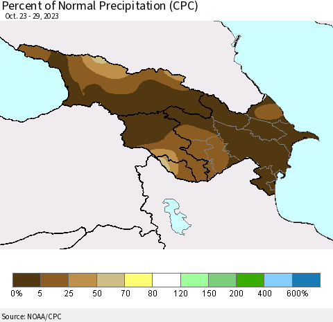 Azerbaijan, Armenia and Georgia Percent of Normal Precipitation (CPC) Thematic Map For 10/23/2023 - 10/29/2023