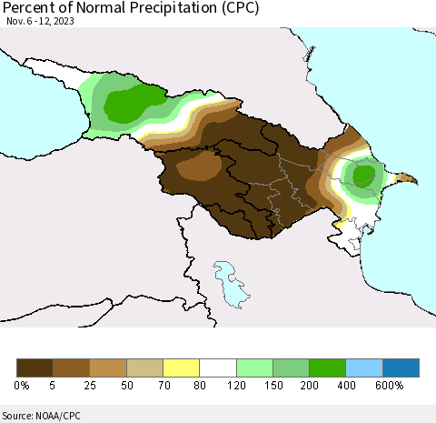 Azerbaijan, Armenia and Georgia Percent of Normal Precipitation (CPC) Thematic Map For 11/6/2023 - 11/12/2023