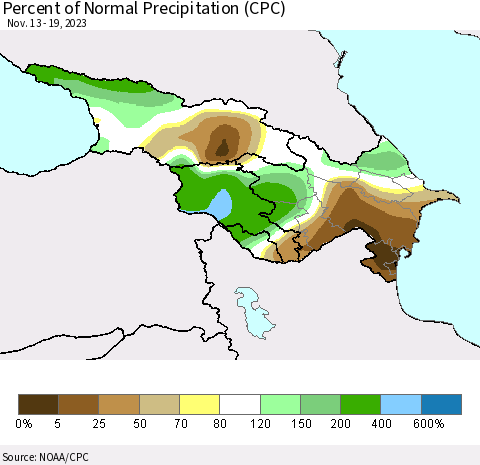 Azerbaijan, Armenia and Georgia Percent of Normal Precipitation (CPC) Thematic Map For 11/13/2023 - 11/19/2023