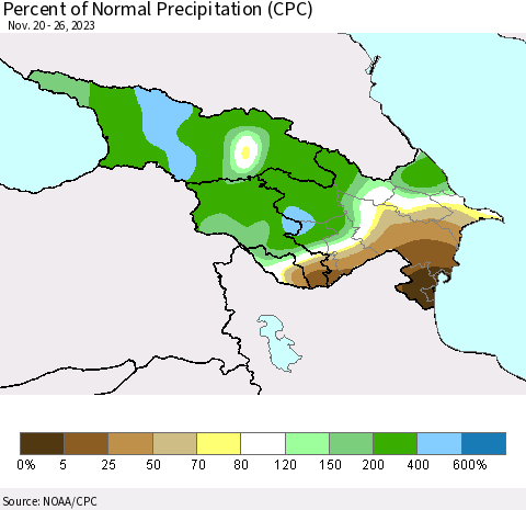 Azerbaijan, Armenia and Georgia Percent of Normal Precipitation (CPC) Thematic Map For 11/20/2023 - 11/26/2023