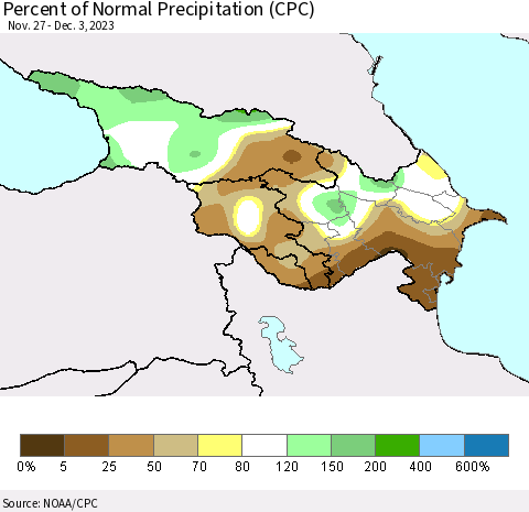Azerbaijan, Armenia and Georgia Percent of Normal Precipitation (CPC) Thematic Map For 11/27/2023 - 12/3/2023