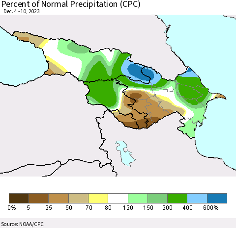 Azerbaijan, Armenia and Georgia Percent of Normal Precipitation (CPC) Thematic Map For 12/4/2023 - 12/10/2023