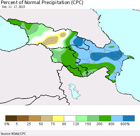 Azerbaijan, Armenia and Georgia Percent of Normal Precipitation (CPC) Thematic Map For 12/11/2023 - 12/17/2023