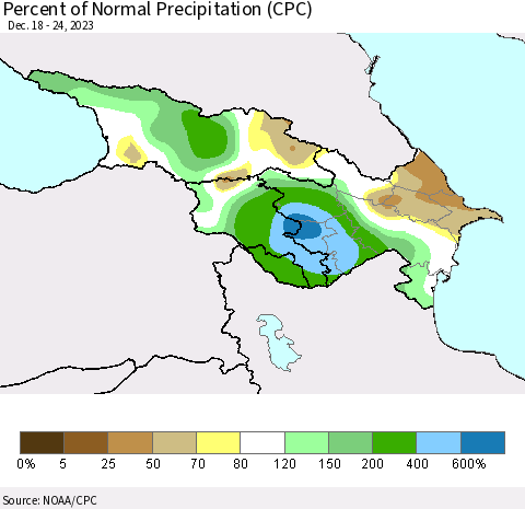 Azerbaijan, Armenia and Georgia Percent of Normal Precipitation (CPC) Thematic Map For 12/18/2023 - 12/24/2023