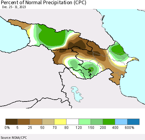 Azerbaijan, Armenia and Georgia Percent of Normal Precipitation (CPC) Thematic Map For 12/25/2023 - 12/31/2023