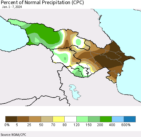 Azerbaijan, Armenia and Georgia Percent of Normal Precipitation (CPC) Thematic Map For 1/1/2024 - 1/7/2024