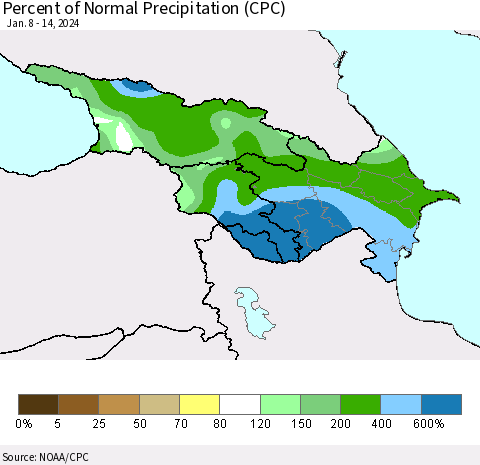 Azerbaijan, Armenia and Georgia Percent of Normal Precipitation (CPC) Thematic Map For 1/8/2024 - 1/14/2024