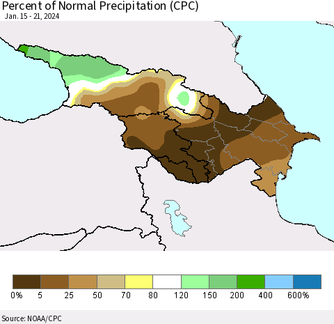 Azerbaijan, Armenia and Georgia Percent of Normal Precipitation (CPC) Thematic Map For 1/15/2024 - 1/21/2024