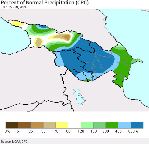 Azerbaijan, Armenia and Georgia Percent of Normal Precipitation (CPC) Thematic Map For 1/22/2024 - 1/28/2024