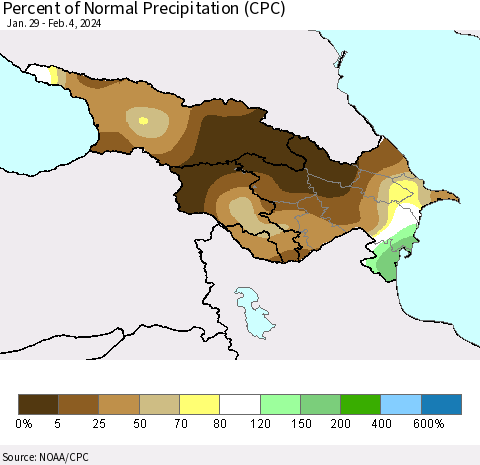Azerbaijan, Armenia and Georgia Percent of Normal Precipitation (CPC) Thematic Map For 1/29/2024 - 2/4/2024