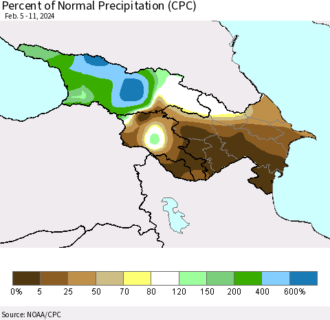 Azerbaijan, Armenia and Georgia Percent of Normal Precipitation (CPC) Thematic Map For 2/5/2024 - 2/11/2024