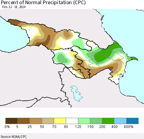 Azerbaijan, Armenia and Georgia Percent of Normal Precipitation (CPC) Thematic Map For 2/12/2024 - 2/18/2024